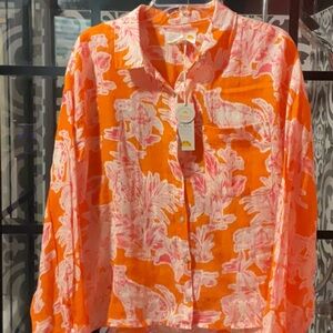 C&C California Linen Orange and Pink Floral Blouse